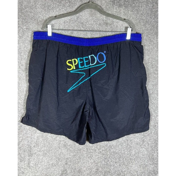 Vintage Speedo SPELLOUT Swim Trunks Mens Size XL Black Blue Pockets Drawstring - Picture 2 of 11